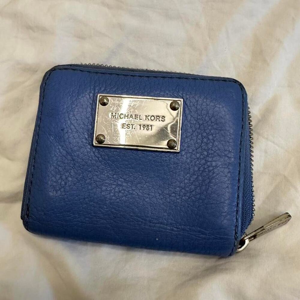Michael Kors Blue Leather Zip Around Wallet Silver Hardware